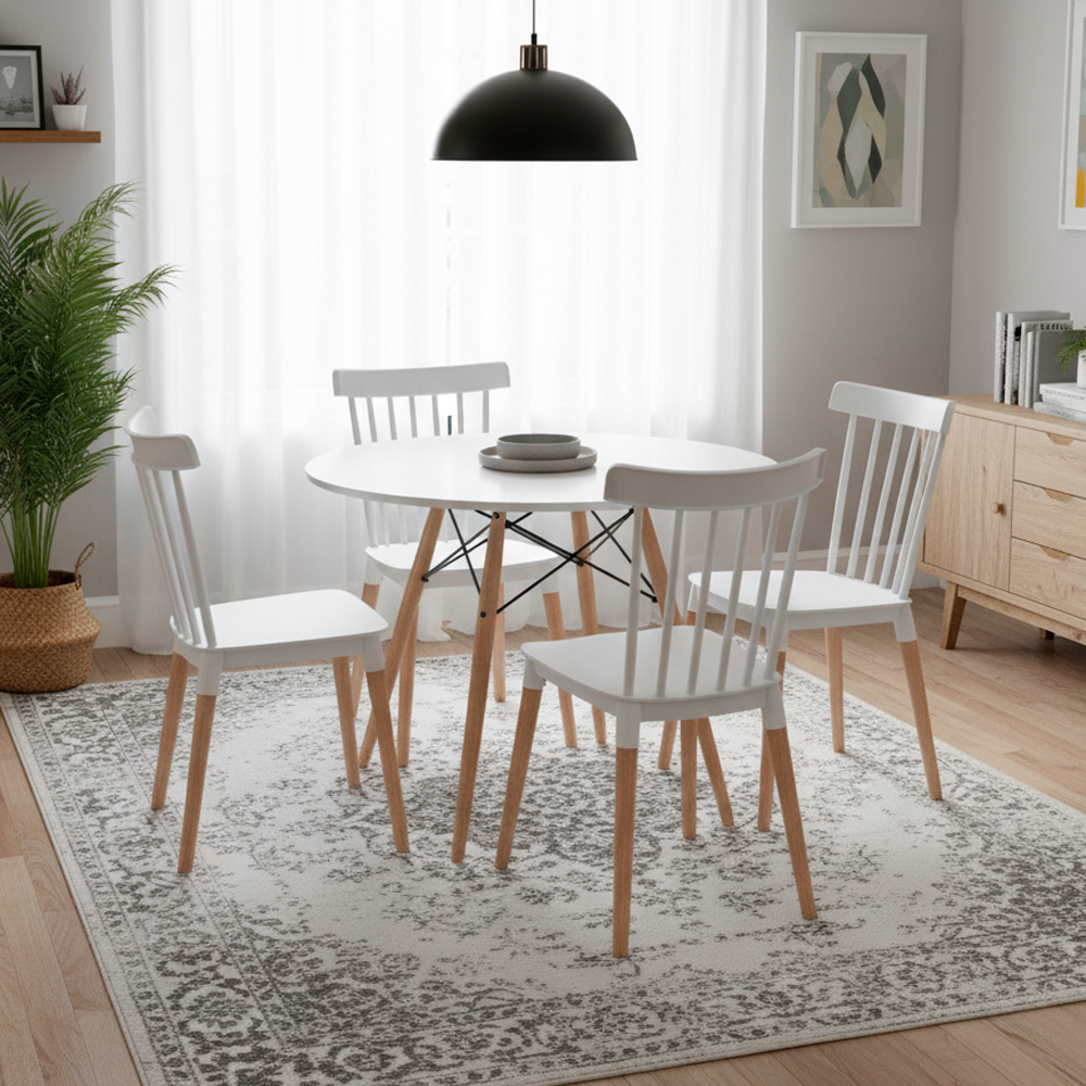 Comedor Mesa Redonda blanca 100cm + 4 sillas Windsor blanca