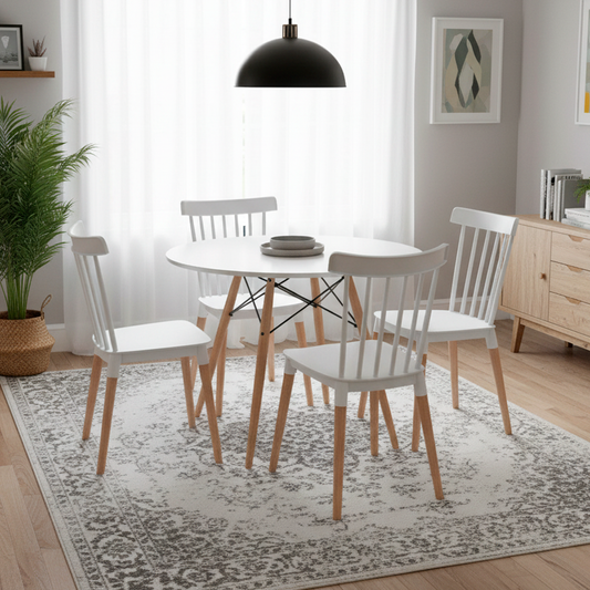 Comedor Mesa Redonda blanca 100cm + 4 sillas Windsor blanca