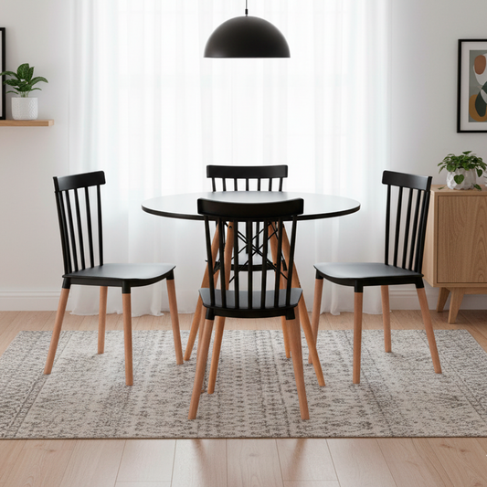 Comedor Mesa Redonda Negra 100cm + 4 Sillas Windsor Negras