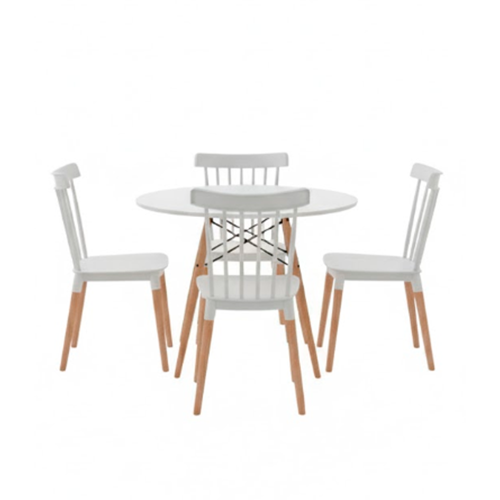 Comedor Mesa Redonda blanca 100cm + 4 sillas Windsor blanca