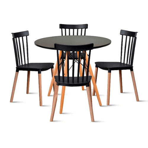 Comedor Mesa Redonda Negra 80cm + 4 Sillas Windsor Negras - Relámpago.Shop