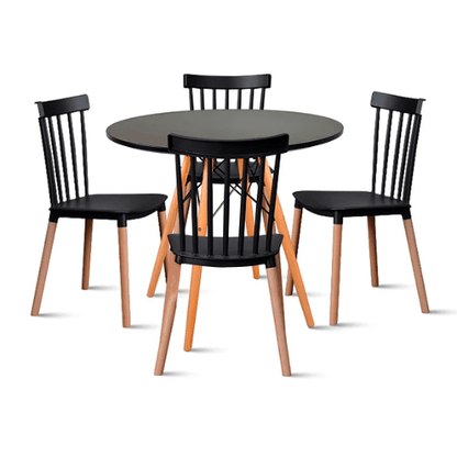 Comedor Mesa Redonda Negra 80cm + 4 Sillas Windsor Negras - Relámpago.Shop